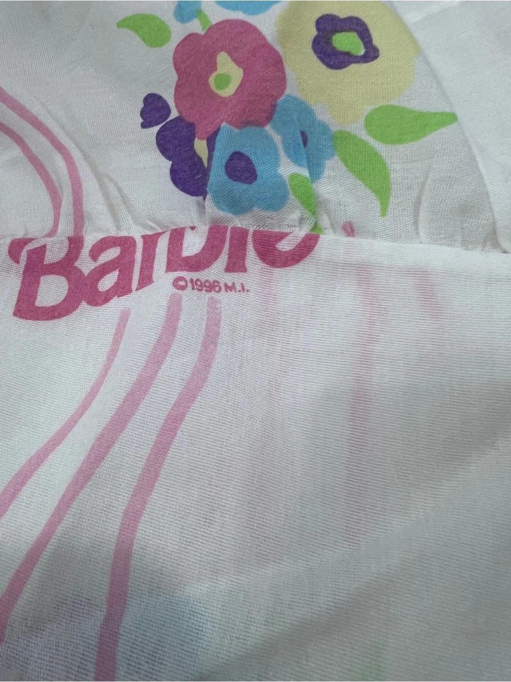 Vintage 1995 Barbie Pillow Sham Floral Pink Ruffle Bedding Made USA 27x19